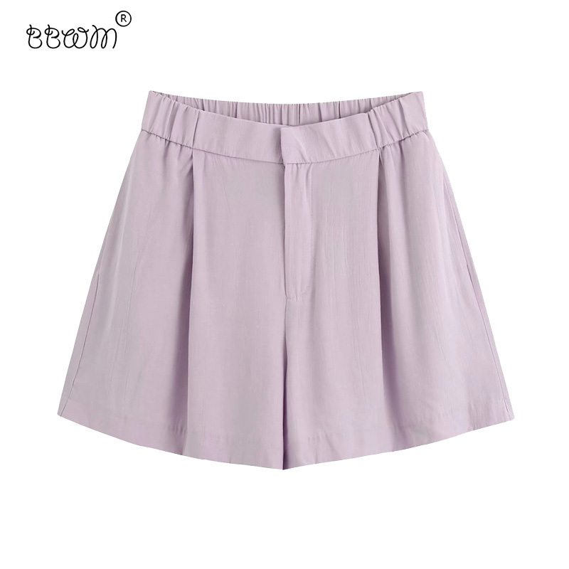 

Women Chic Fashion Purple Loose Draped Shorts Vintage High Elastic Waist Zipper Fly Short Pants Casual Pantalones Cortos 210520, As picture
