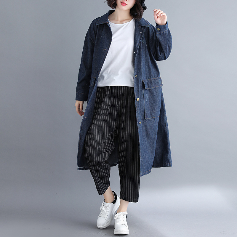 

Johnature Women Denim Trench Vintage Casual Style Coats Button Stand Long Sleeve Pockets Spring Pockets Trench 210521, Blue