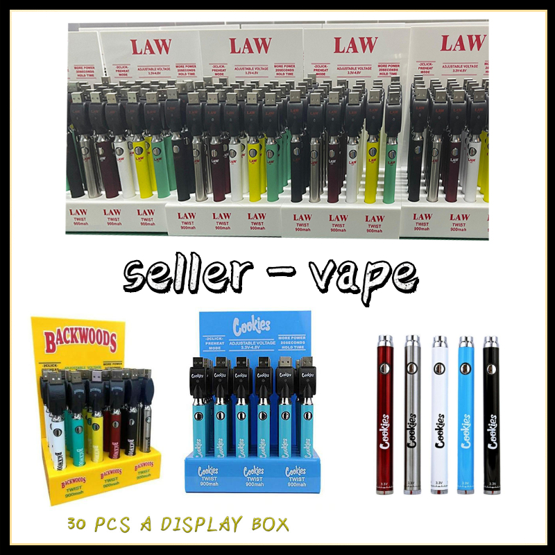 

2021 Cookies Backwoods Law Twist Preheat VV Battery 900mAh Bottom Voltage Adjustable Usb Charger Vape Pen 30Pcs with Display Box ego
