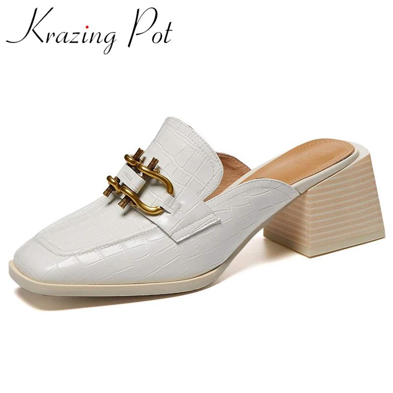 

Krazing Pot Genuine Leather Square Toe High Street Fashion British School Metal Fasteners Cozy Slip On Sandals Women Shoes L7f3 Dress, Black