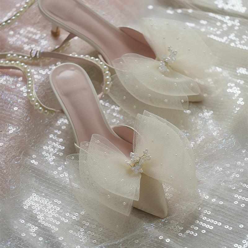 

Dress Shoes Summer Original Net Yarn Big Bow Knot Pointed Pearl Belt Stiletto Bridesmaid Wedding Banquet All-match Female Sandal, Heel height 5.5 cm