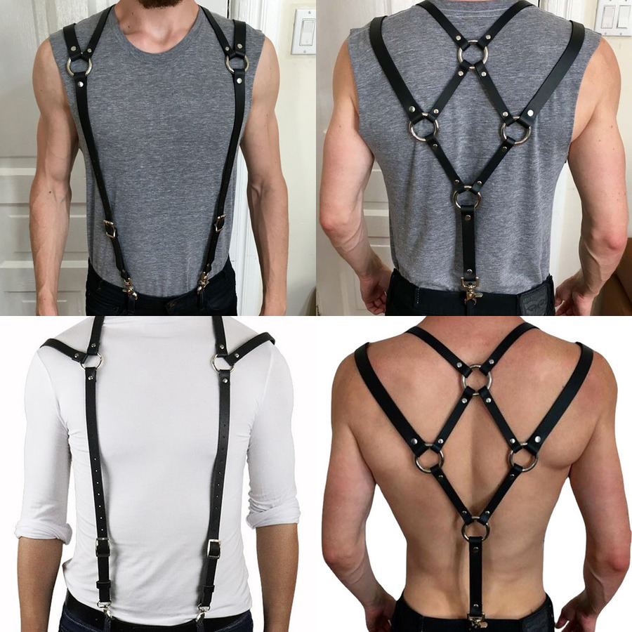 

Leather Punk Personality Muscle Men's Fashion Suspender Strap SP8G, Black;white
