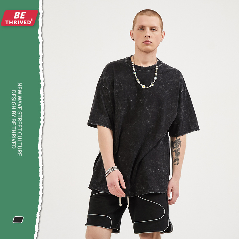

be men's clothing | 2021 spring and summer 260g heavy industry used fabric short sve american street fashion brand t-shirt, White;black