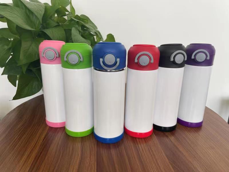 

12oz Kids tumbler straight white blank sublimation Sippy Cups with flip top & silicone bottom One-click bounce cup for Children Student drinking water bottle 350ml, As picture