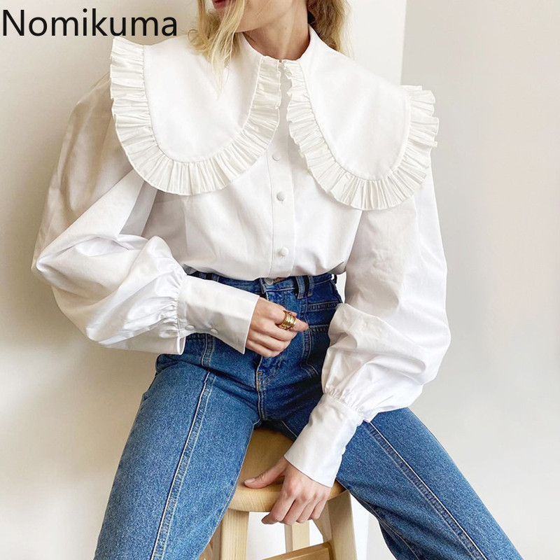 Nomikuma Women Tops Korean Ruffle Peter Pan Collar Shirt Puff Long Sleeve Elegant Blusas Femme Spring New Blouses 6F727 210427