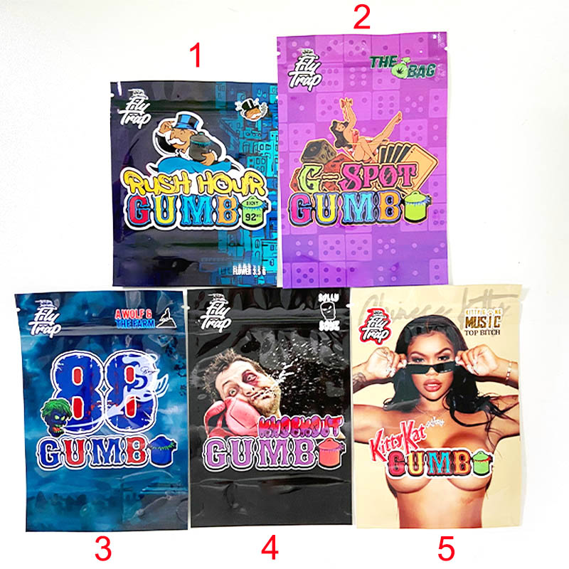 

1/8oz Gumbo mylar aluminum foil bags 3.5g smell proof stand up pouch G-spot Rush hour Knock out 88 Kitty kat