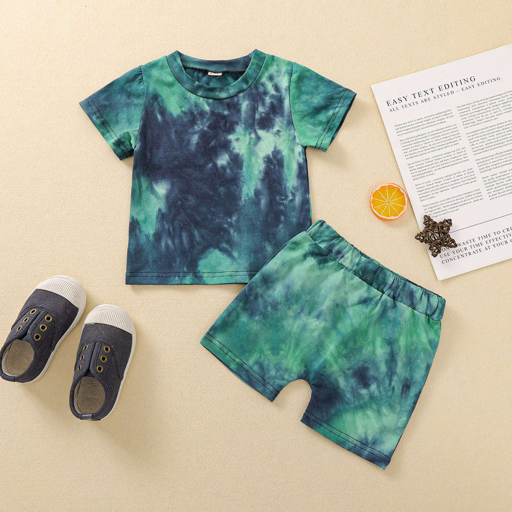 

Boys and girls suits Children's suit round neck multi color tie dye short sleeve plus shorts two piece available, White