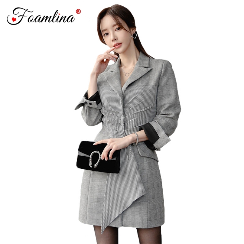 

Korean Fashion Women Coat Spring Autumn Turn Down Collar Long Sleeve Plaid Print Patchwork Casual Ladies 210603, Gray
