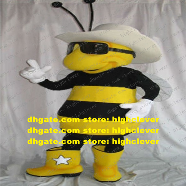 

Handsome Yellow Black Bee Honeybee Wasp Mascot Costume Hornet Bumble Vespid Mascotte Costumes Adult Thin Tentacles Big White Round Hat No.8162, As in photos