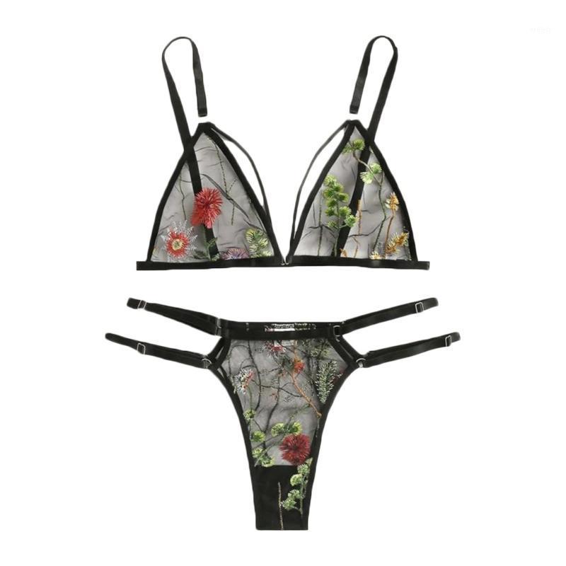 

Bras Sets Sexy Women Intimates 2021 Black Thongs V-String Transparent Female Underwear Bra Set Lace Thong Lingerie G-String S-3XL