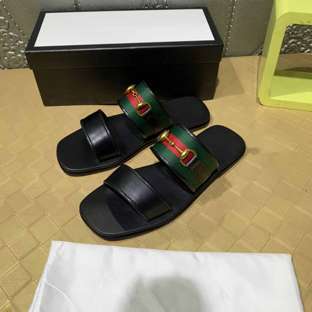 

Men Classics Slippers Shoes Summer Fashion Wide Flat Slippery genuine leather matching Stripe canvas flip-flop Sandal Slipper beach shoe siz, Black