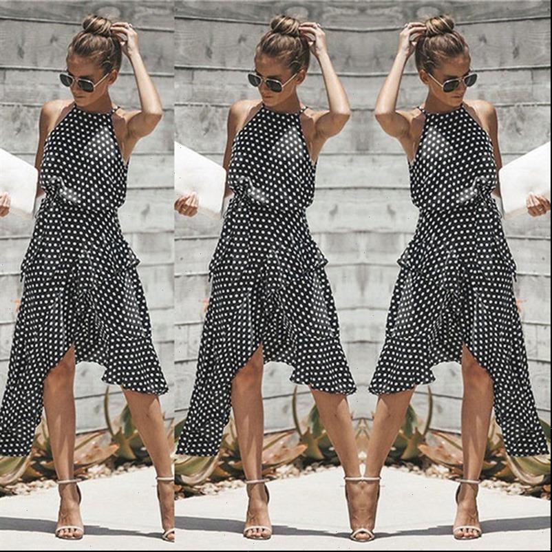 

vintage women dress polka dot dresses summer ruffles halter irregular lace up sleeveless for female vestidos, Black;gray