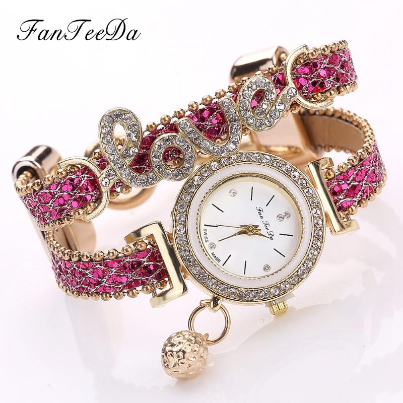 

Wristwatches 2021 Crystal Watches Women Luxury Fashion Love Word Bracelet Leather Strap Quartz Relogio Feminino, Gold