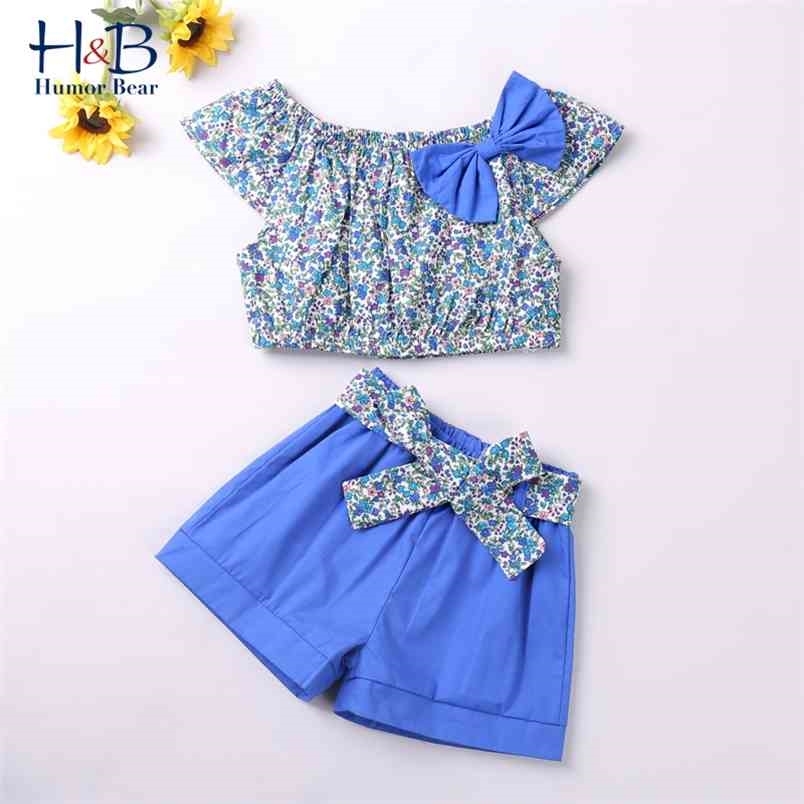 

Girls Clothes Set Summer Sleevelss Floral Printed Bow T-shirt+ Short 2pcs Casual Toddler Kids 210611, Bz062 sky blue