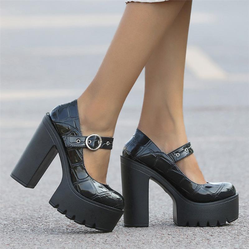 

Dress Shoes Lapolaka Female Pump Heels Square Heel Buckle Strap With Platform Spring Autumn Mature Office Lady Woman Mary Jane, Black