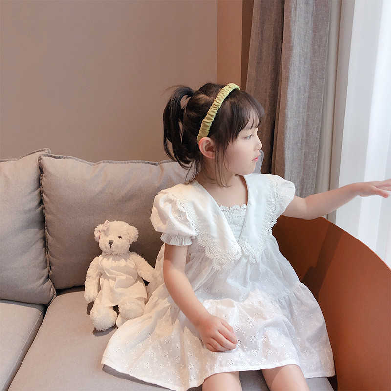

korean Style Baby Girls Dress Puff Sleeve Floral Princess Dresses V-Neck Kids Cotton Children Clothing 210615, White