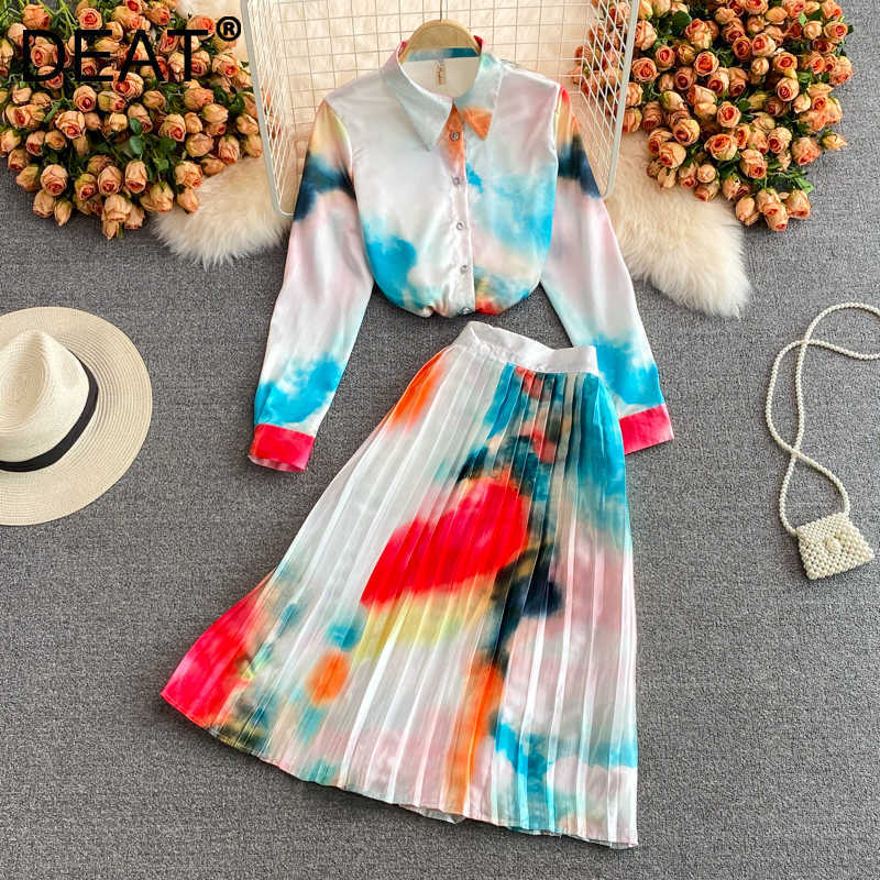 

DEAT Women Lapel Long Sleeve Shirt Pleated Skirt Short Two Piece Set Fashion Temperament Spring Autumn 11D1635 210709, White