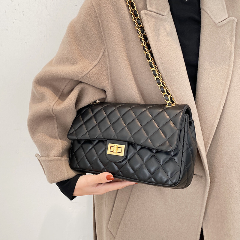 

Luxury Diamond Lattice Shoulder Women Elegant Black Pu Leather Messenger Bag Female Flap Quilted Chain Crossbody Handbag