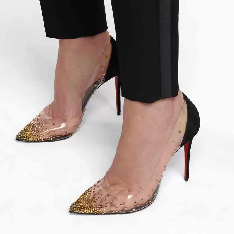 

Fashion Perfect Woman New Red Bottom Pumps Bride Womens Sandals, PVC With Strass Pointed Closed Toe Party Wedding Diamond 100mm Spikes Heels Box EU 35-43