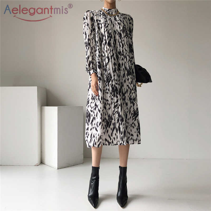 

Aelegantmis Casual Printing Pleated Leopard Dress Women Summer Thin Puff Sleeve Long Half High Collar Vestido Lady 210607, Chocolate