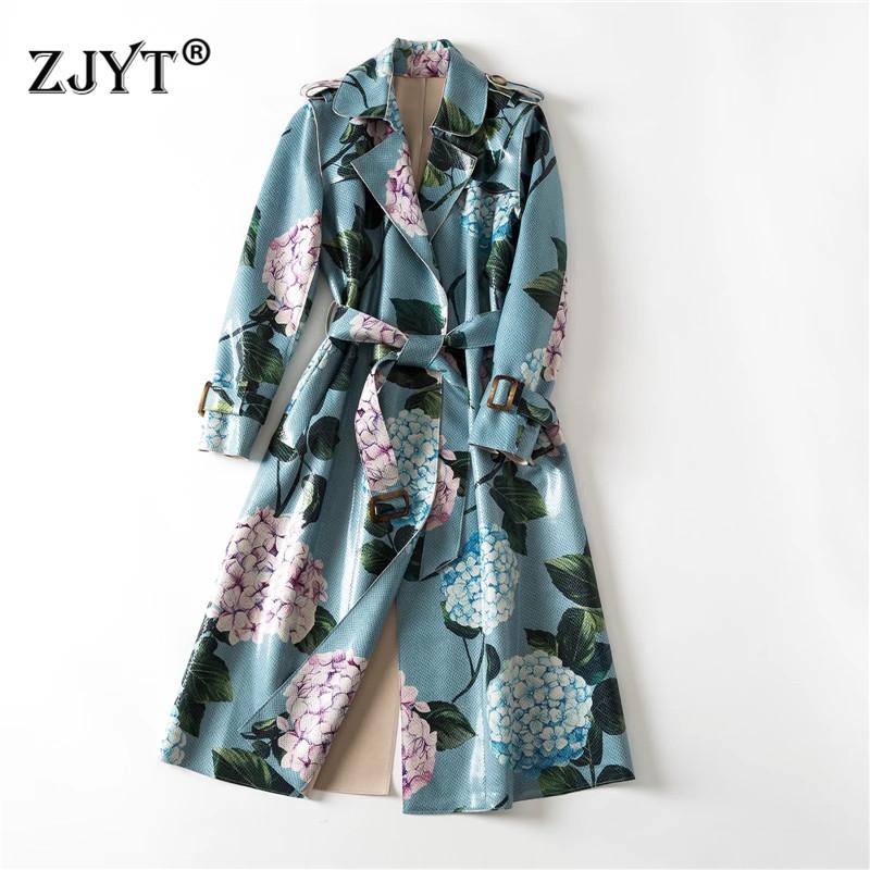 

Women's Trench Coats Runway Fashion Autumn Winter Floral Print Leather Coat For Women Turn Down Collar Vintage Long Windbreaker Outerwear, Tan;black