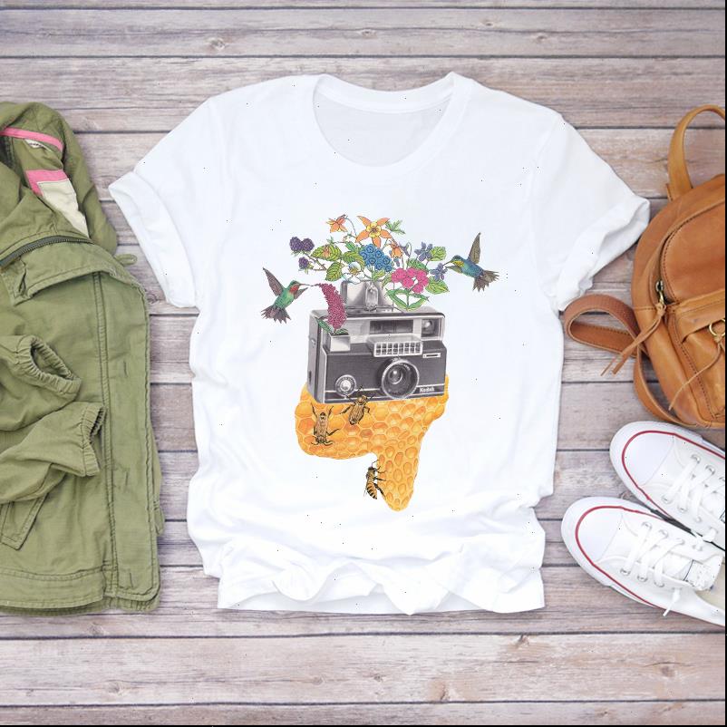 

women camera flower bird vintage printing kawaii print summer shirt t shirts graphic female ladies womens tee, White
