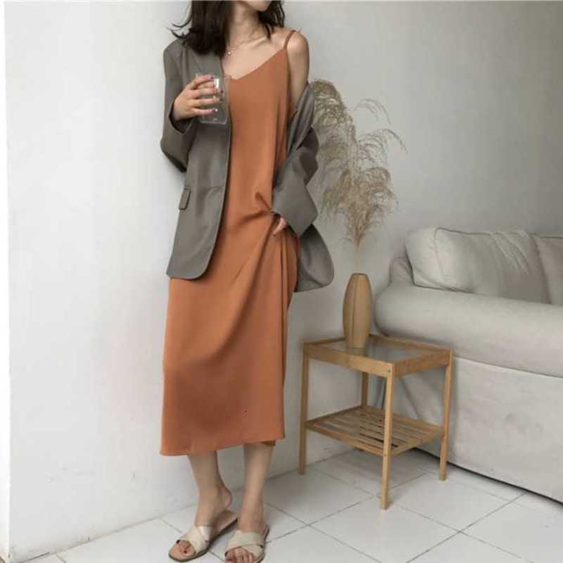 Women&#039;s Suit with Drs 2021 Korean Loose Temperament V-neck Medium Length Base Drawstring Long Skirt-image-702219664