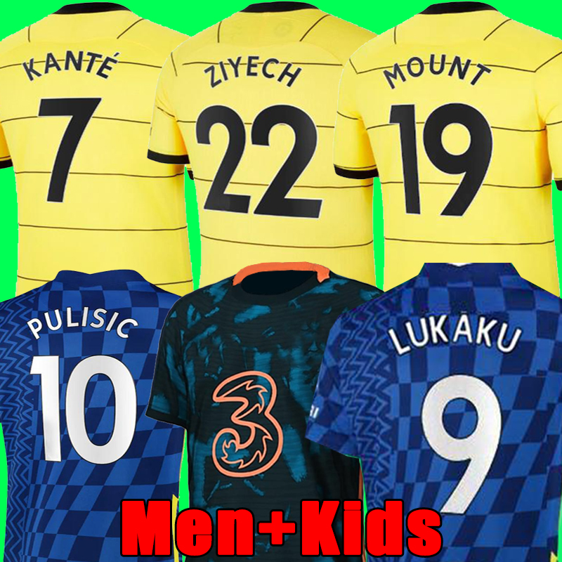 

Thailand LUKAKU 21 22 CHELse a Soccer Jerseys MOUNT WERNER HAVERTZ CHILWELL ZIYECH 2021 2022 PULISIC home blue away yellow Football Shirt KANTE Men Kids set Kits tops2, 21/22 away men+patch 1