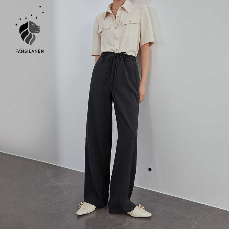 

FANSILANEN Black Khaki Mopping Wide Leg Pants Women's High Waist Straight Loose Casual Women Clothing 210607