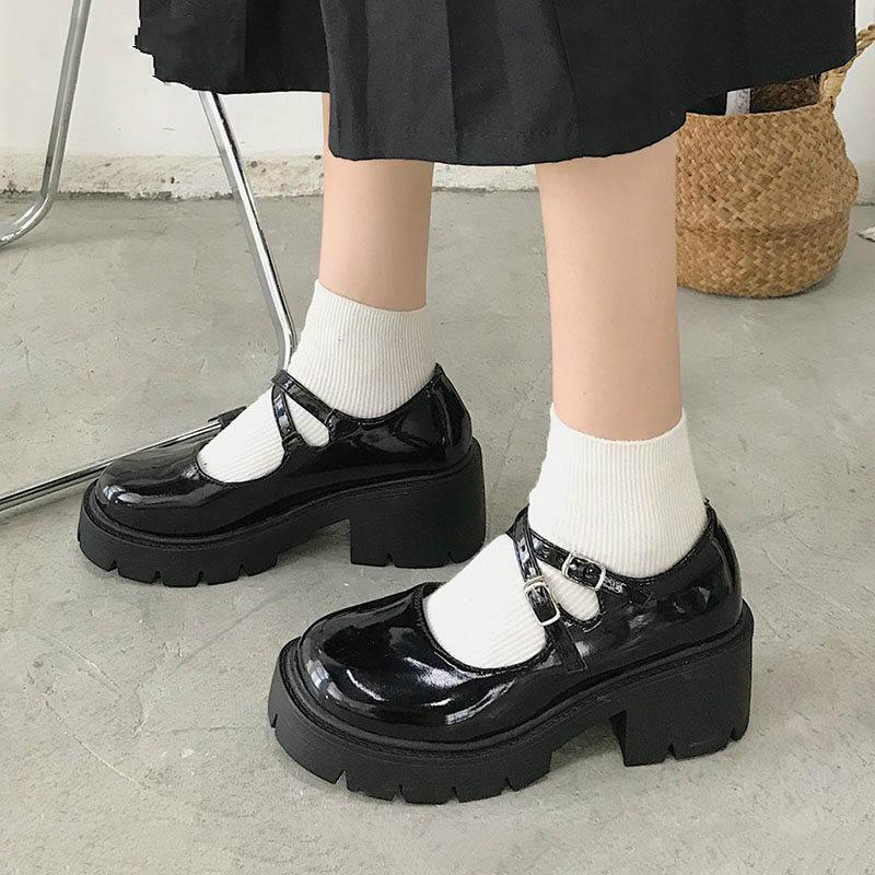 

Dress Shoes Black High Heels Women Pumps Thick Bottom Platform Patent Leather Woman Round Toe Mary Jane Zapatos Mujer