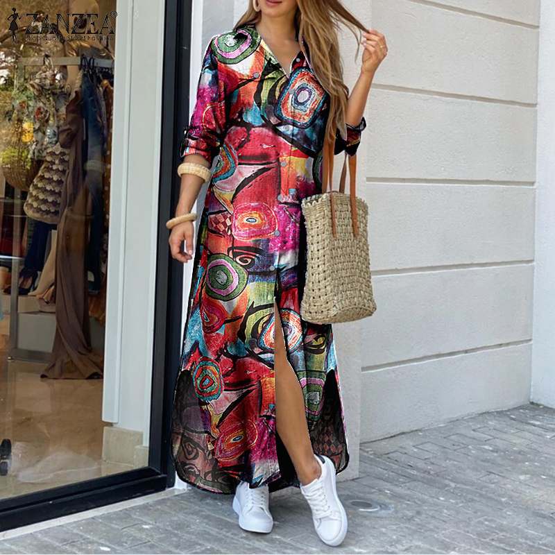 

Elegant Women Maxi Shirt Dress Casual Floral Printed Robe Longue ZANZEA Autumn Vintage Ladies Long Sleeve Vestidos Plus Size 5XL, Green