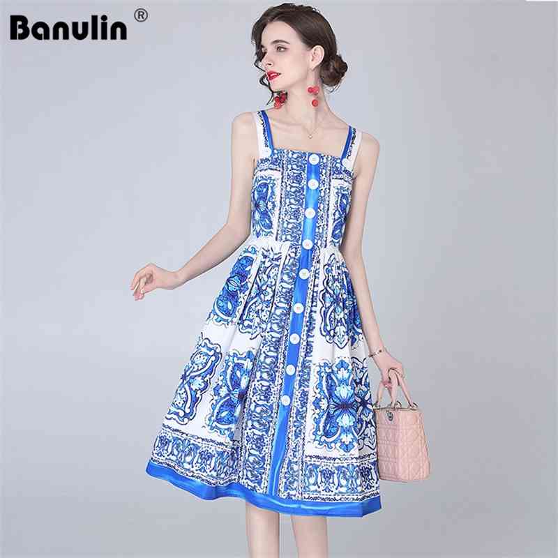 

Banulin Fashion Runway Summer Dress Women's Spaghetti Strap Blue and white Floral Printed Casual Robe N61560 210603