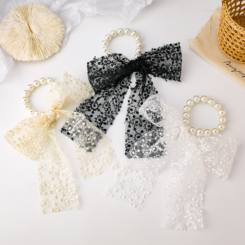 

2021 Summer est Elastic Bands Lace Beaded Bow Knot Rubber Band Solid Color Black White Beige Romantic Gentle Hair Rope