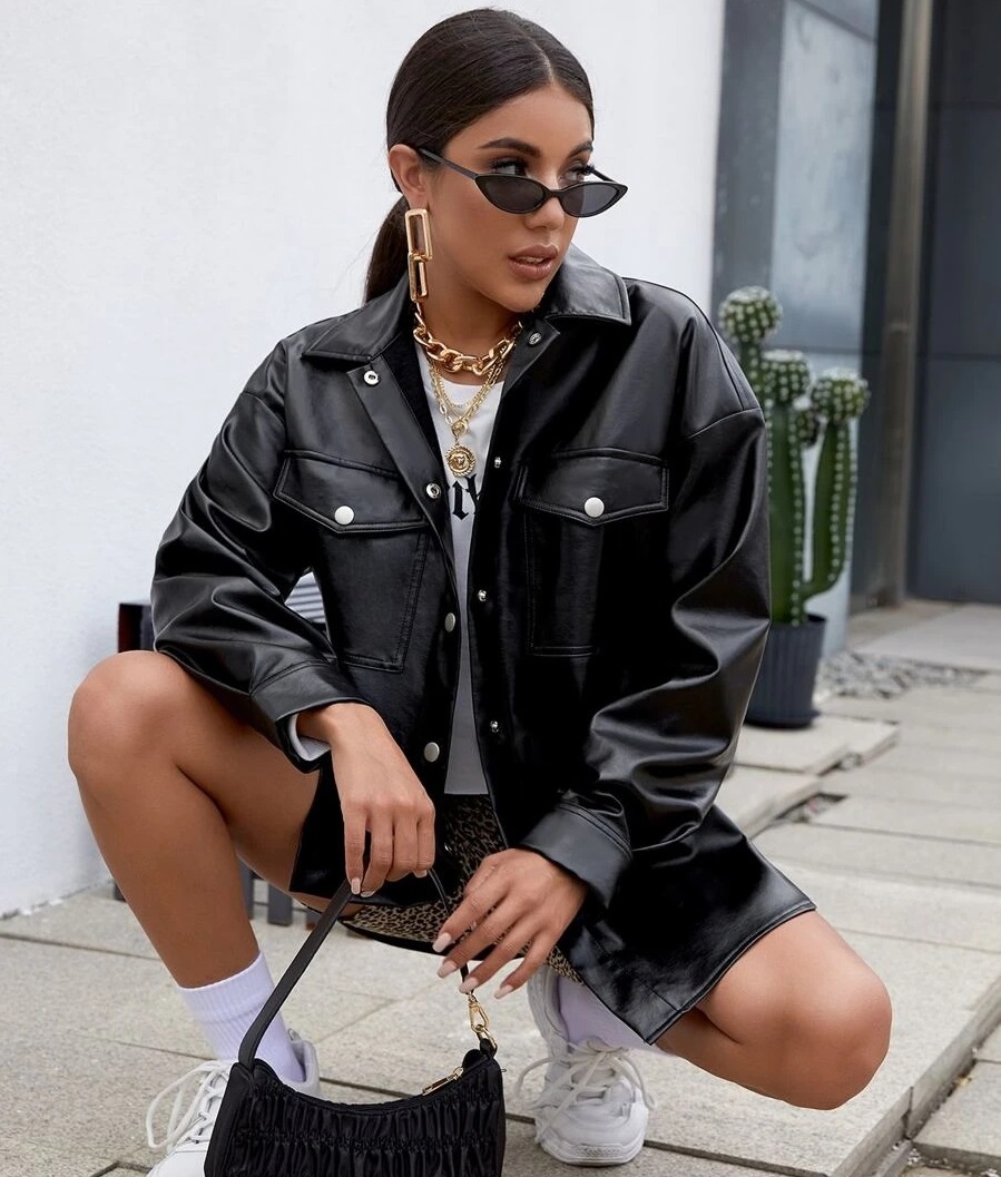 

Designer jacket coats Leather Punk Style clothes Femme Women fashion Streetwear top Wrap wool Cardigan Shawl coat casual Windbreaker Jackets Outerwear tops fabric, Black