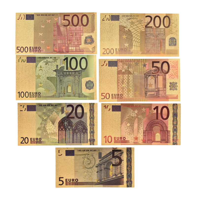 7Pcs 5 10 20 50 100 200 500 EUR Gold Banknotes in 24K Gold Fake Paper Money for Collection Euro Banknote Sets-image-749777587