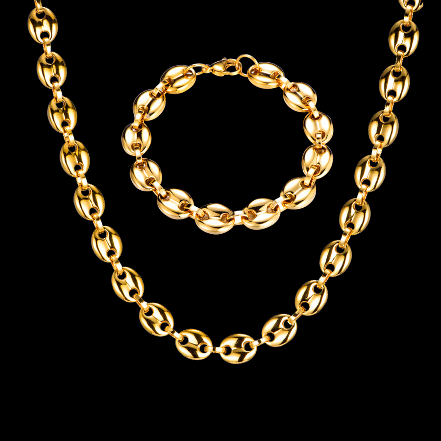 

2021 HIP Hop Width 11MM Stainless Steel Gold Coffee Beans Link Chain Necklace Bracelets For Men Jewelry, Black