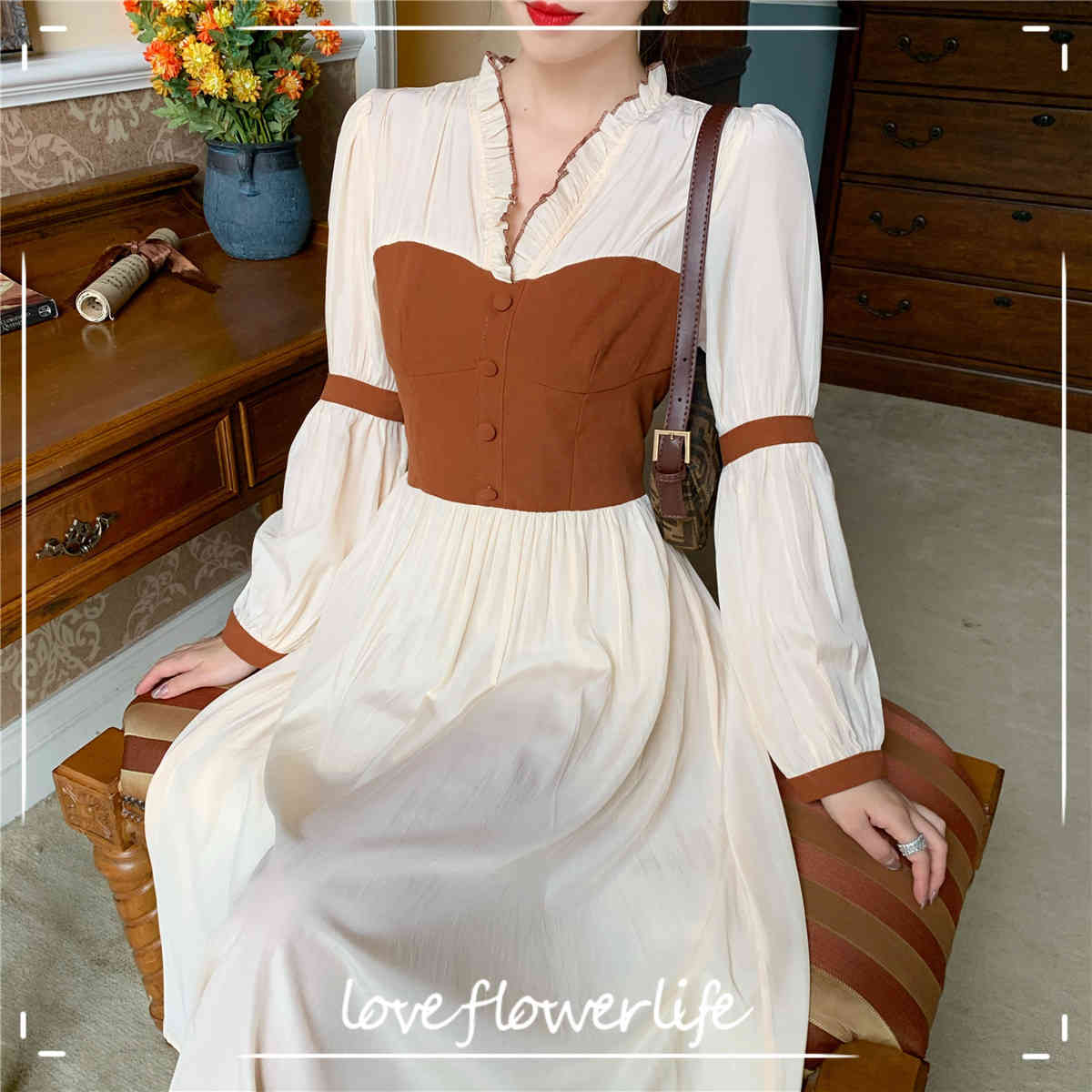 

Frenc Vintage Dress Women Long Sleeve V-neck Chiffon Dress Korean Evening Party Fairy Elegant Dress Female Autumn 210521, Apricot