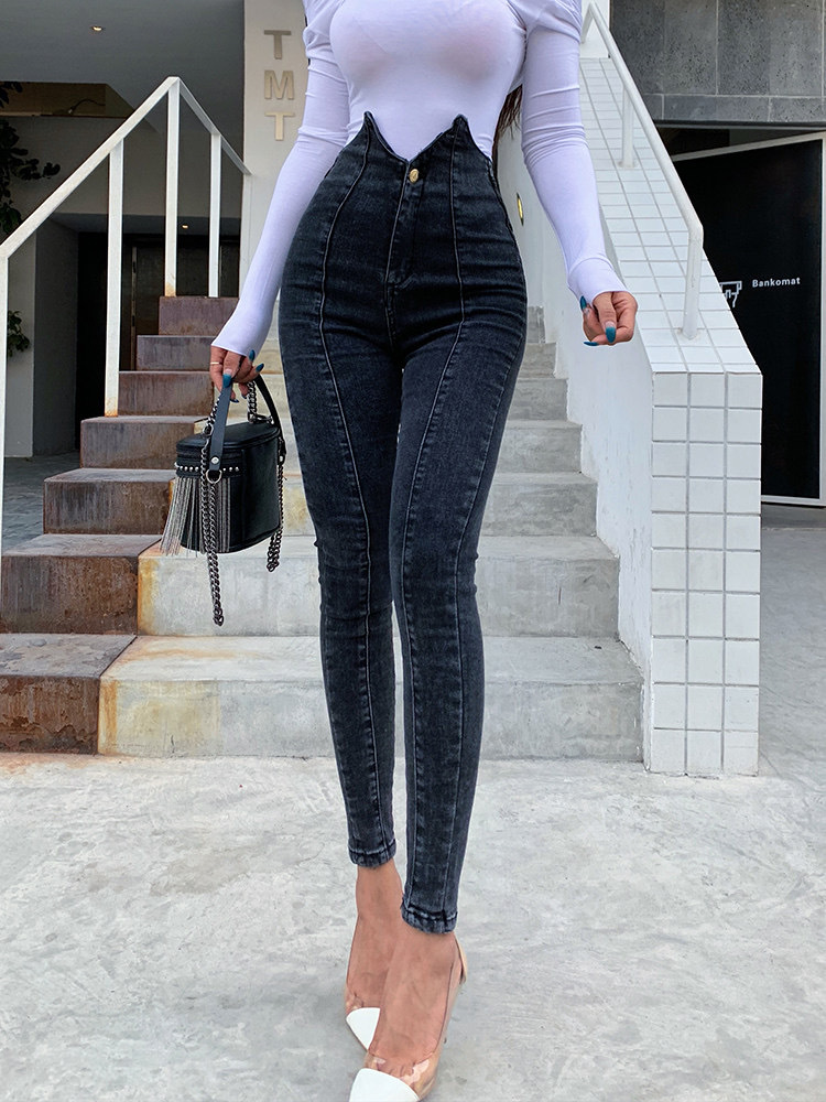 

women's jeans new irregular high waist jeans women's tights, hip lifting and leggings fashionable street dark grey v6gb, Blue