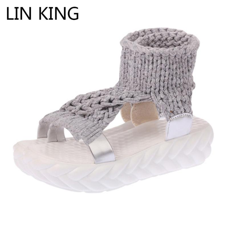 

Fashion Woolen Knit Women Sandals Med Heel Wedges Platform Thick Sole Student Summer Beach Shoes Plus Size, Black