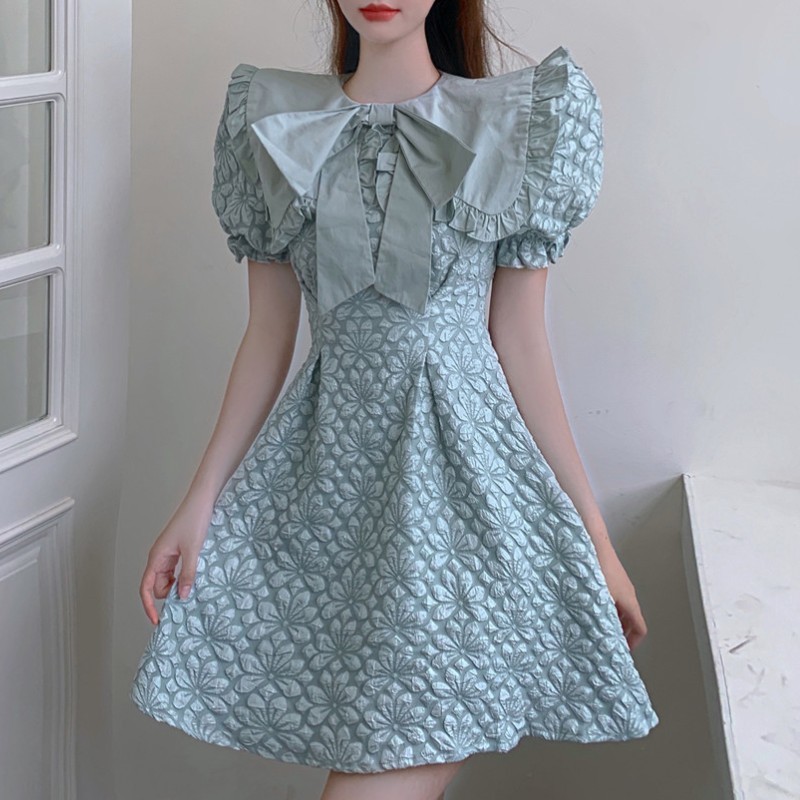 

Arrival Summer Sweet Bowknot Big Lapel Jacquard Mini Dress Vintage Slim A-Line Party Dress Vestido 210518, Photo color