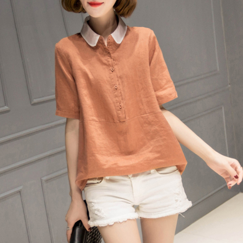 

Plus Size Shirt Women Loose Casual Tops Vintage Peter Pan Collar Solid Color Cotton Linen Woman Blouses Shirts P805, Blue
