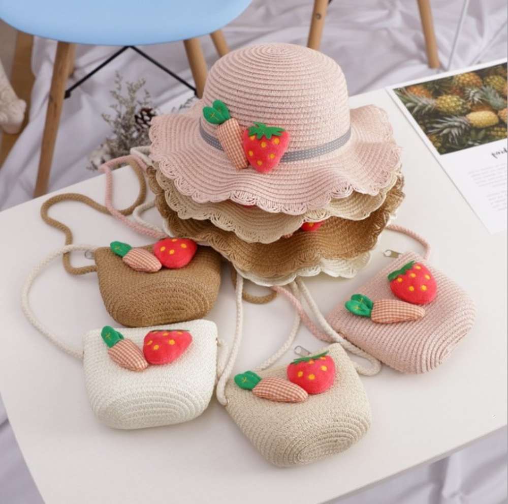 

Sun hat for children Little fresh wave edge children's straw summer girls travel versatile Beach sun Hat bag set, Yellow