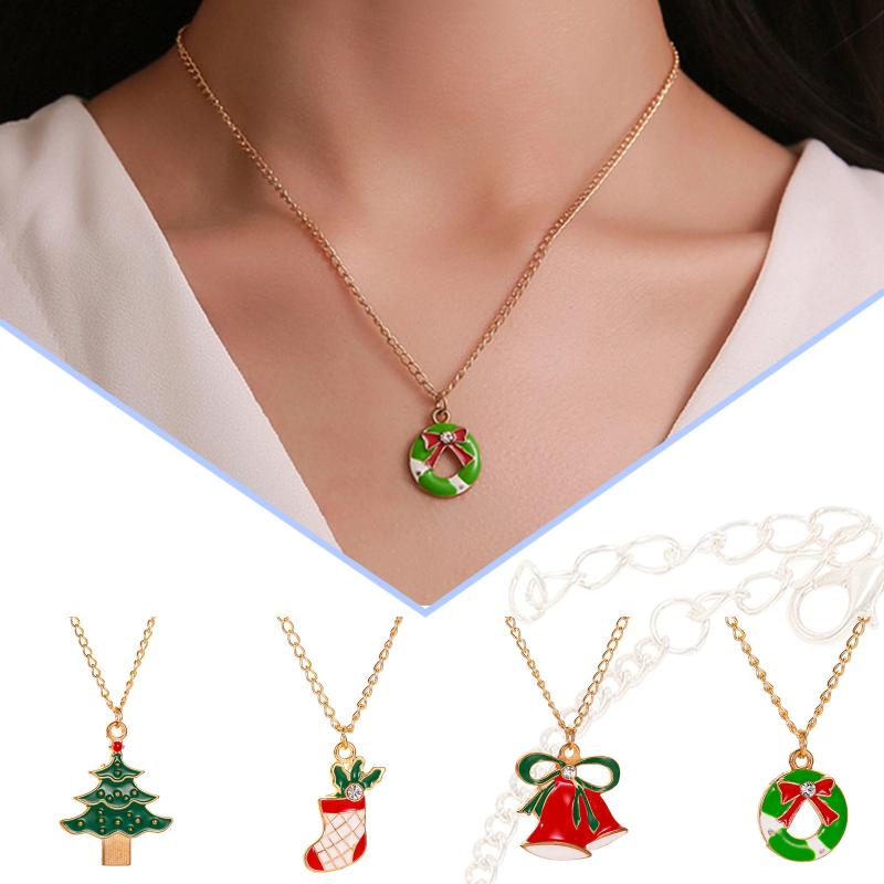 

Pendant Necklaces Enameled Deer Elk Necklace Christmas Tree Snowman Bells Sock Clavicle Chain Women Jewelry