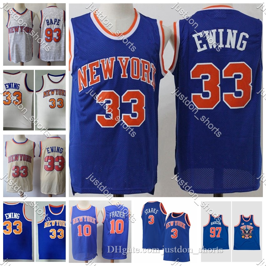

Mens Vintage Patrick Ewing 33 Walt Frazier 10 Starks 3 City Blue Edition Hot Press Mesh Basketball Jerseys Stitched Shirts Sweatpants Pants, Black;red