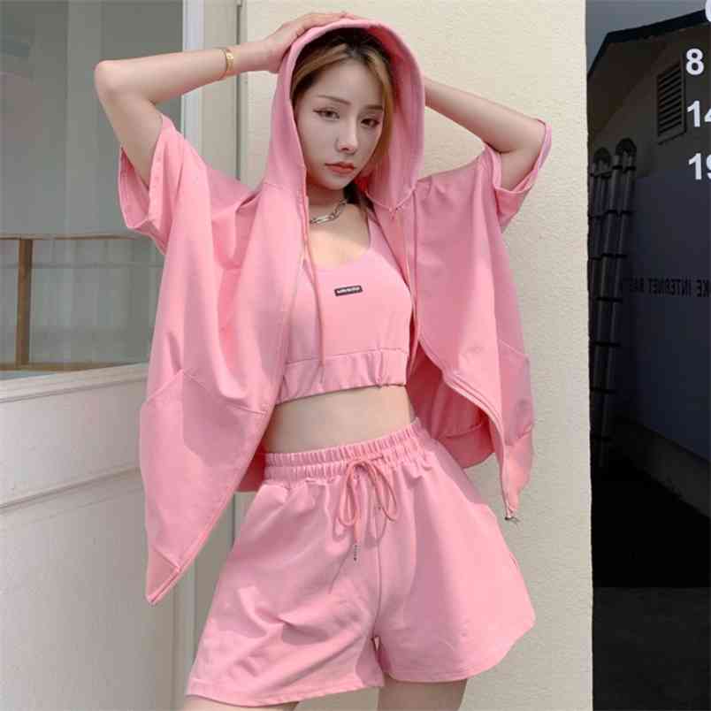 

Summer Three-Piece Set Casual Solid Color Sports Hooded Loose coat + Sexy Vest Top Shorts Suit Women Outfits 210519, Gray