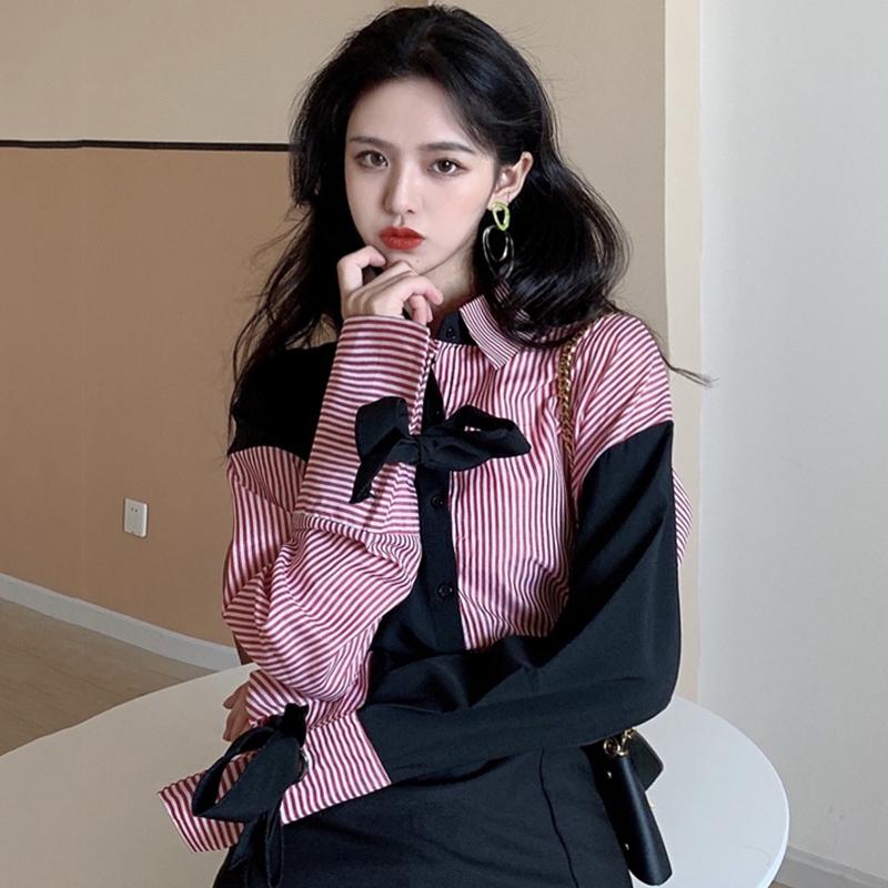 

Women's Blouses & Shirts Loose Spring Autumn Striped Fashion Brand Hipster Clothing Tops Turn-down Collar Long Sleeve, Black