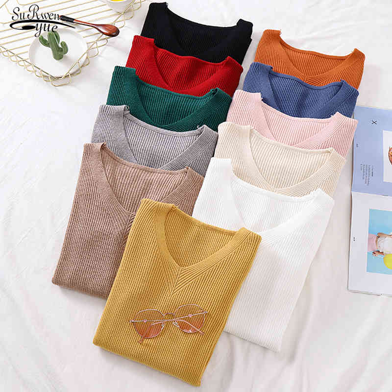 Hiver mince pull pull tricoté pull femmes décontracté col en V à manches longues solide dames vêtements 12319 210508