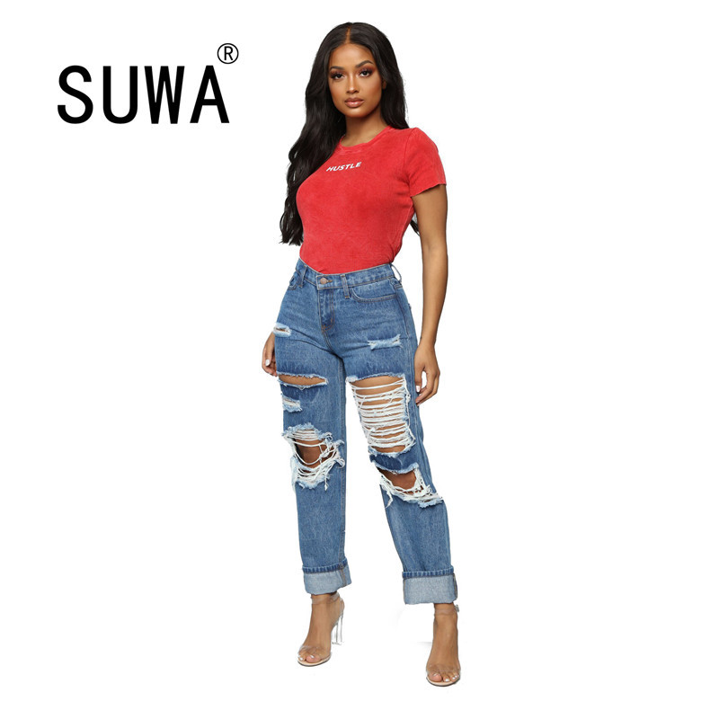 

Arrival Classic Hole Denim Straight Pants Button Fly High Waist Trousers Street Sexy Jeans 210525, Blue