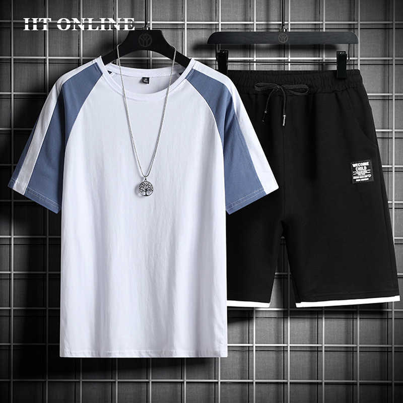 

Casual Men Tracksuit Sets Summer Short Sleeve T-Shirt 2 Pieces +Shorts Trend Fashion Patchwork Jogger Male Sportswear 5XL 210603, Ywb8577k77white