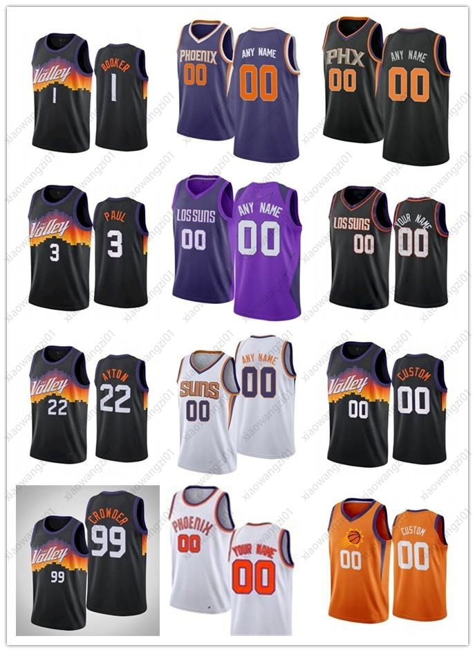

Mens Womens Youth Chris 3 Paul Devin 1 Booker Jae 99 Crowder Deandre 22 Ayton Custom Black white purple Basketball Jerseys